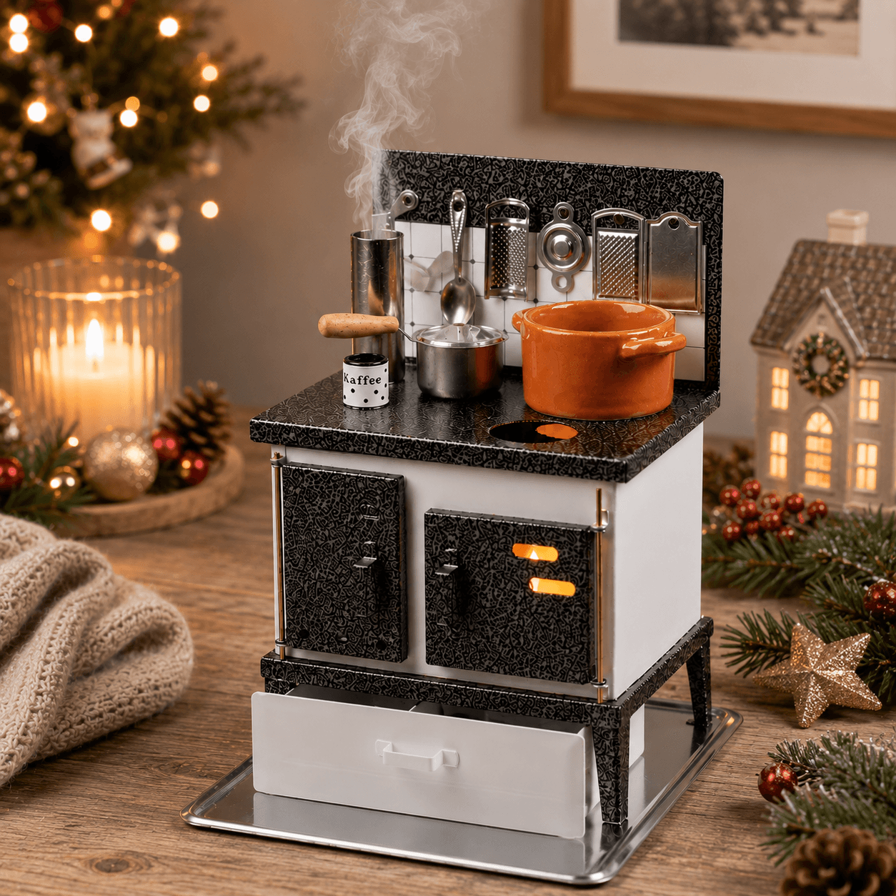 HUSS Incense white and silver multi-purpose oven with miniature cookware, kitchen utensils, and rising steam on a wooden table with Christmas decor.