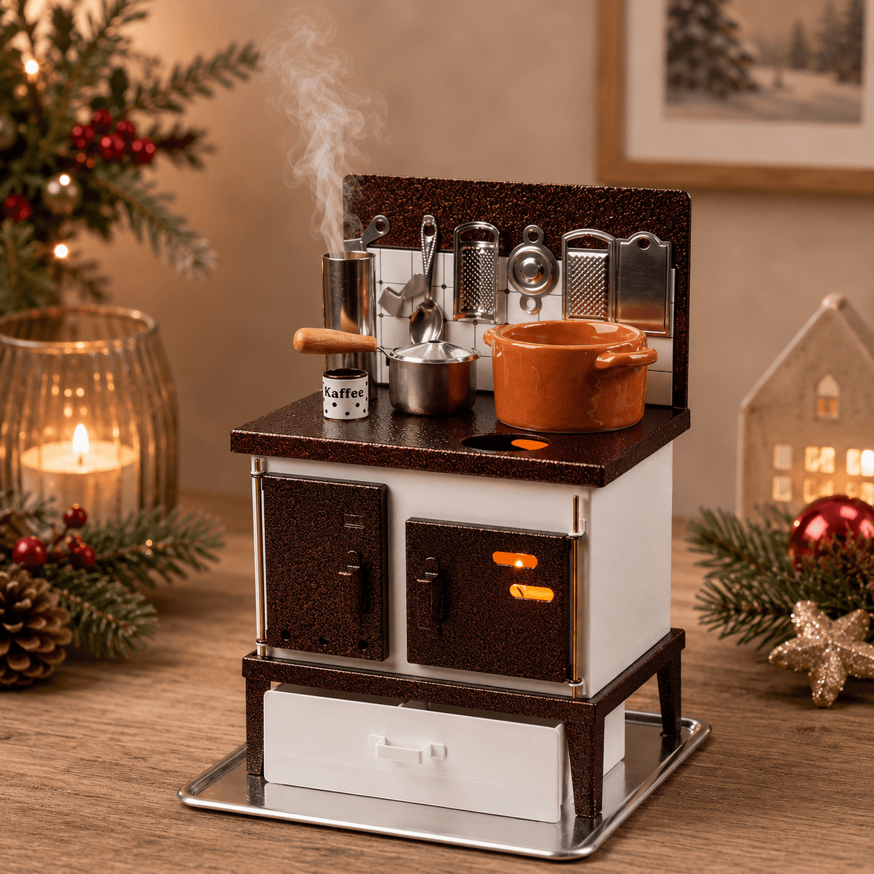 HUSS white-copper multi-purpose incense oven displayed on a wooden table in a cozy holiday setting, with cooking pot, utensils, and steaming coffee pot for burning incense cones.