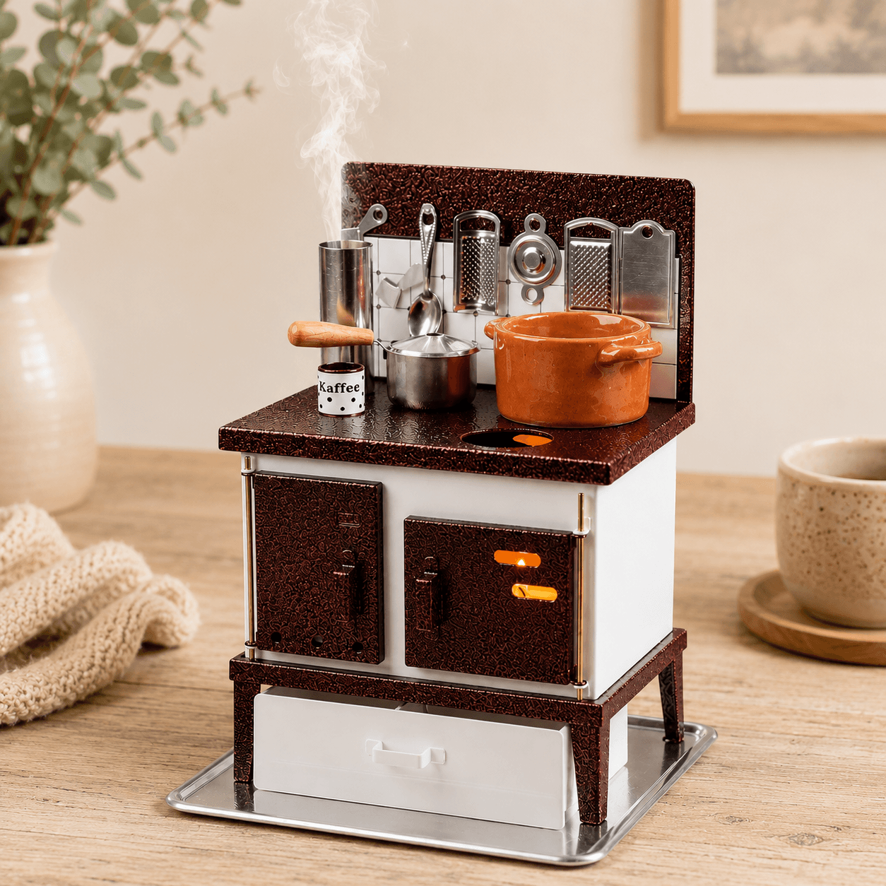 HUSS Incense white and copper multi-purpose oven with miniature cookware, kitchen utensils, and rising steam in a cozy living room scene.