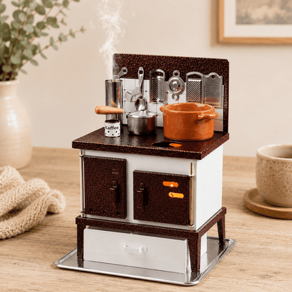 HUSS Incense white and copper multi-purpose oven with miniature cookware, kitchen utensils, and rising steam in a cozy living room scene.