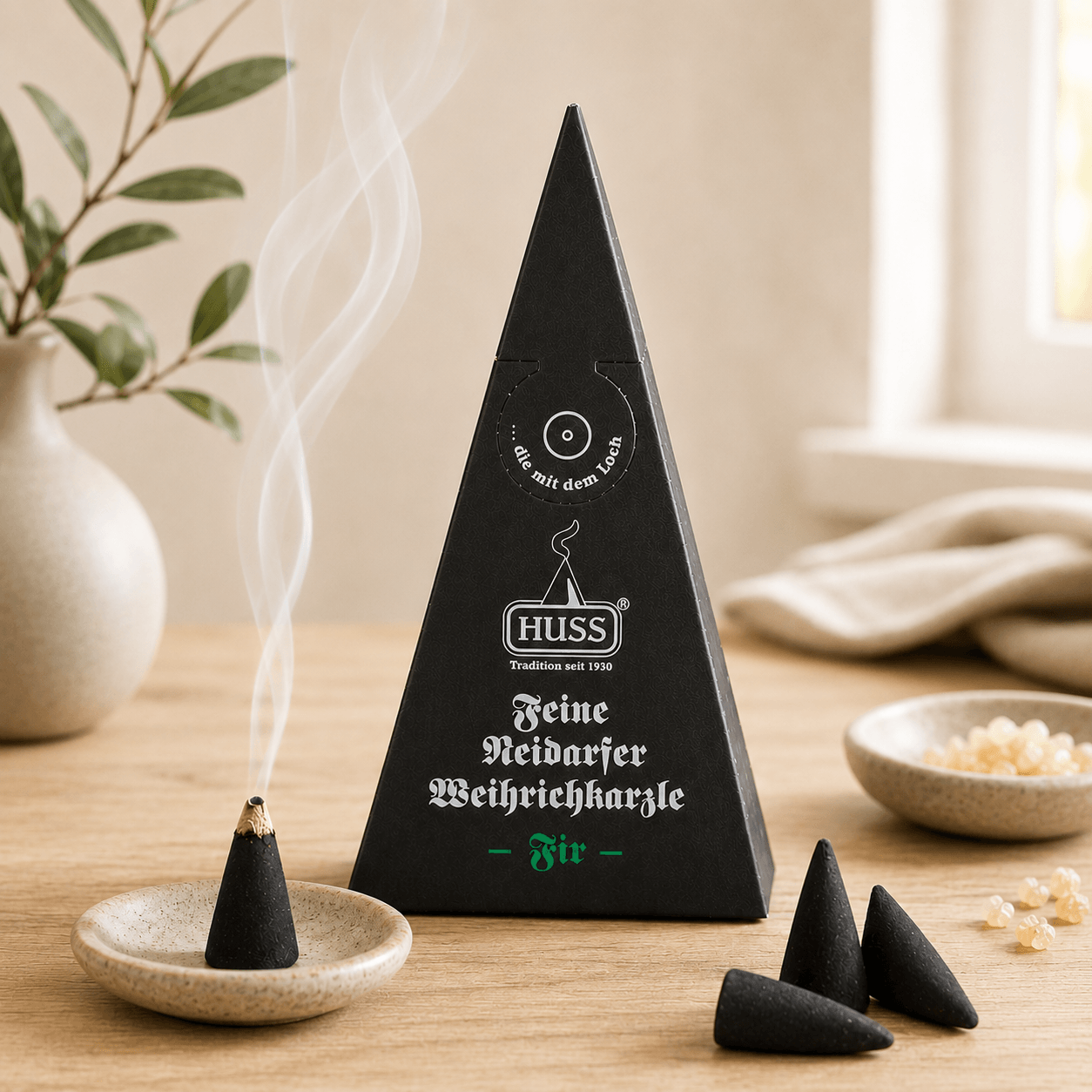 Fine Neudorf Incense cone box fir with a smoking cone in a cozy setting in front of window
