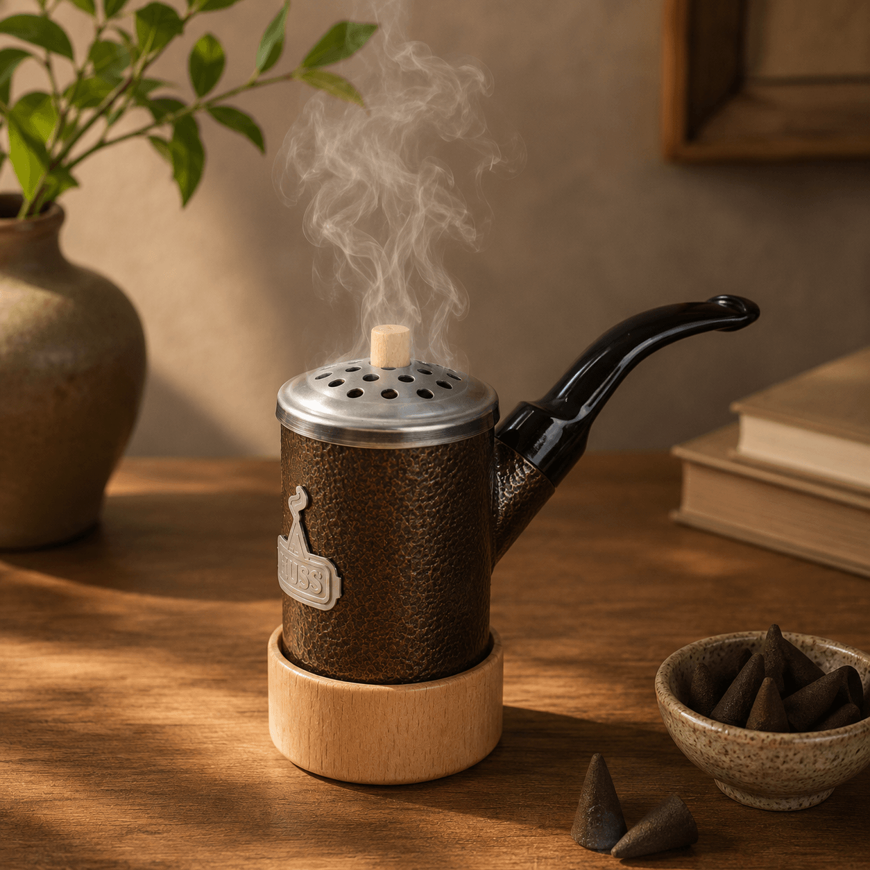HUSS Incense pipe smoking in a cozy setting.
