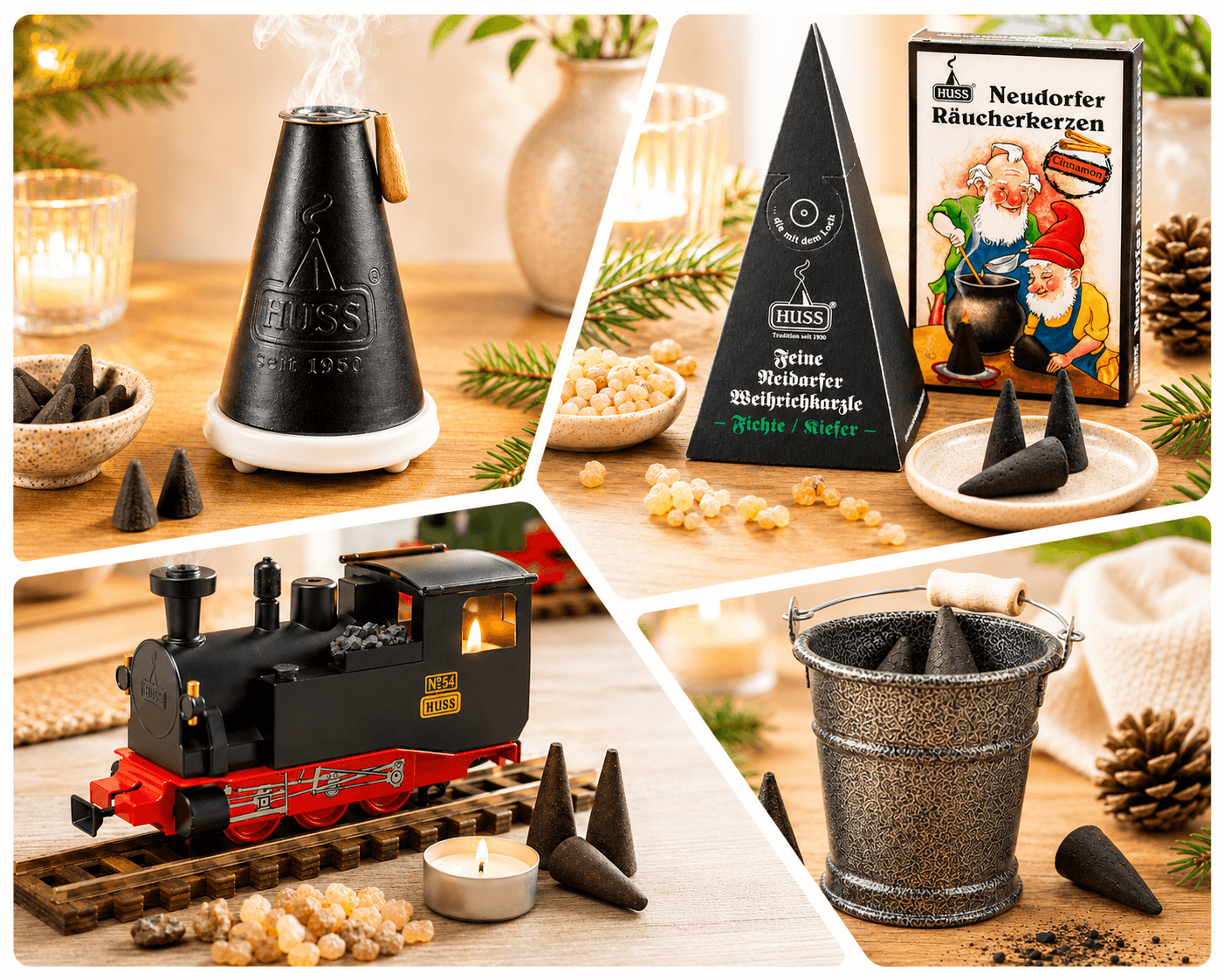Collage of different HUSS Incense burners with cones in Christmas settings.