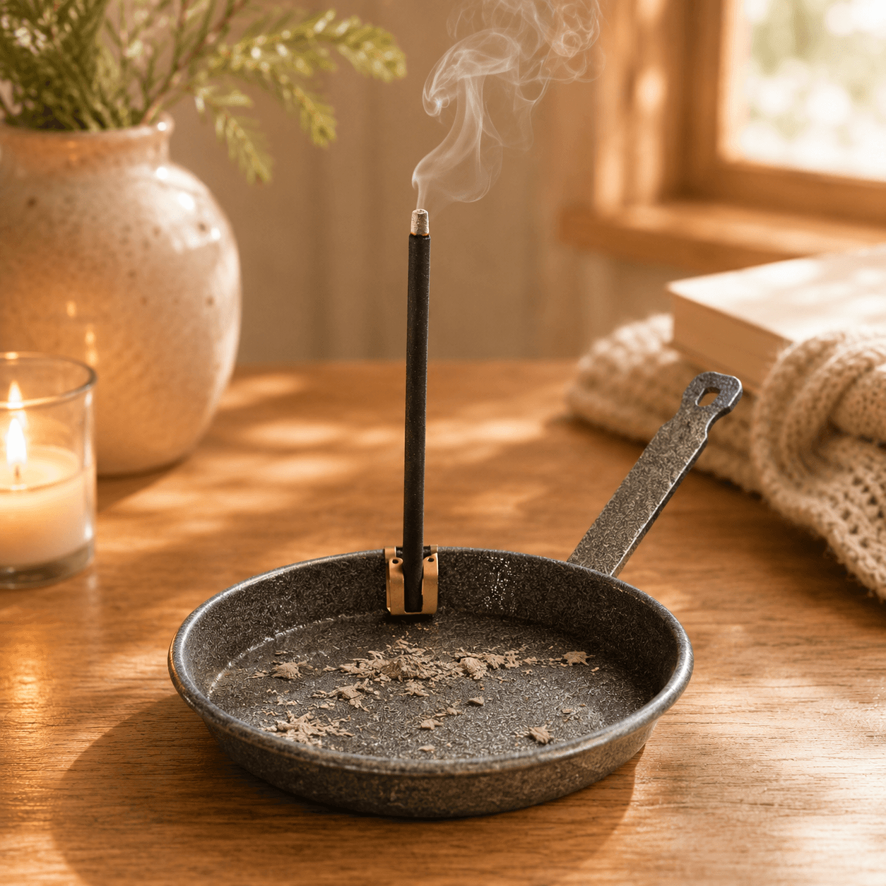 HUSS Incense #1 Rustic pan with smoking incense stick on a wooden table in a cozy setting.