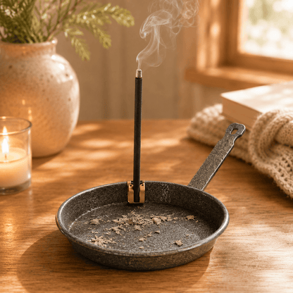 HUSS Incense #1 Rustic pan with smoking incense stick on a wooden table in a cozy setting.