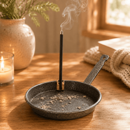 HUSS Incense #1 Rustic pan with smoking incense stick on a wooden table in a cozy setting.