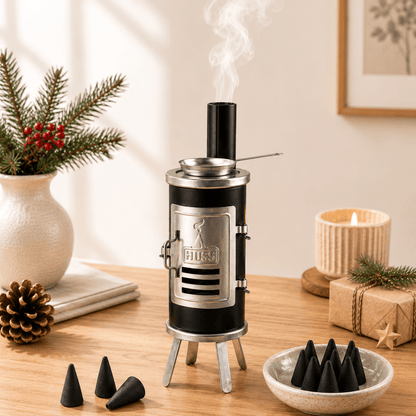 HUSS Incense glue oven black with silver accents, smoking chimney, and incense cone holder, displayed on a wooden table with incense cones in a cozy home setting with Christmas decoration.