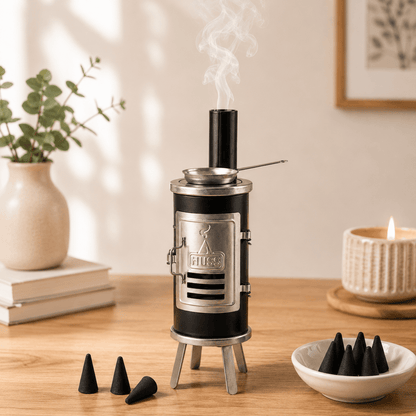 HUSS Incense Glue oven, black with silver accents, smoking chimney, and incense cone holder, displayed on a wooden table with incense cones in a cozy home setting.