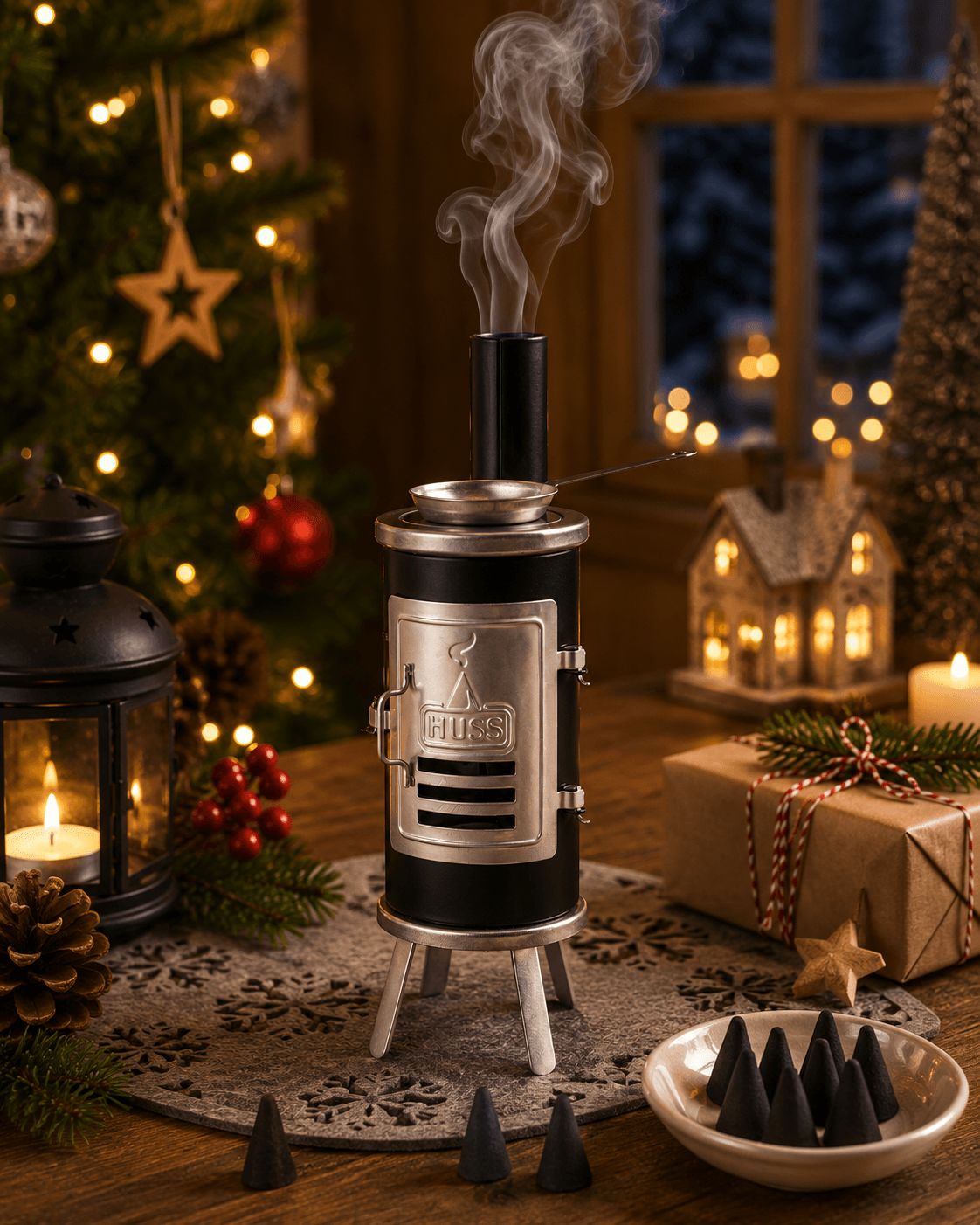 HUSS Incense oven black on a table with Christmas gifts