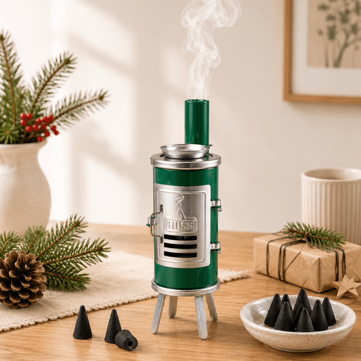 HUSS Incense Glue oven, green with silver accents, smoking chimney, and incense cone holder, displayed on a wooden table with incense cones in a cozy home setting with Christmas decoration.