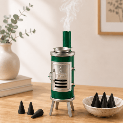 HUSS Incense Glue oven green with silver accents, smoking chimney, and incense cone holder, displayed on a wooden table with incense cones in a cozy home setting.