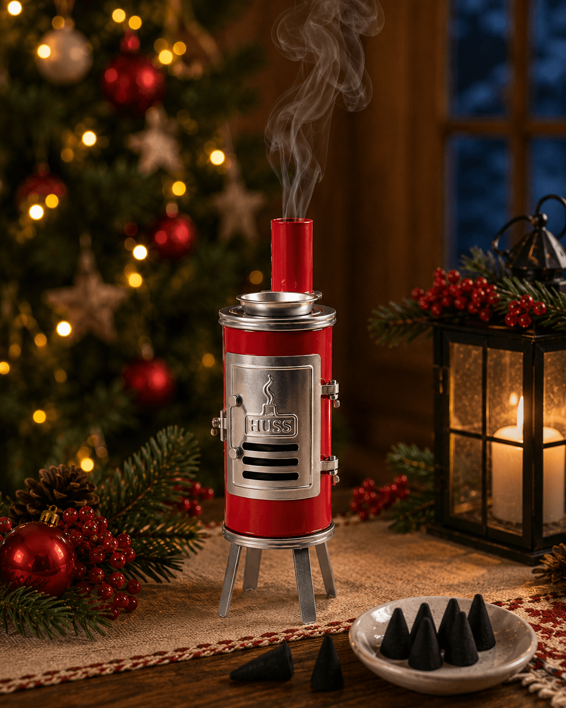 HUSS Incense oven black on a red with Incense cones and a lantern
