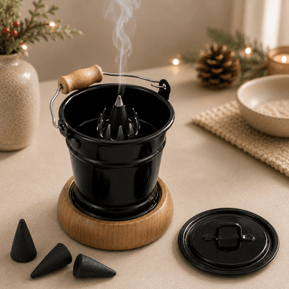 HUSS Incense smoking bucket black with a burning incense cone, removable lid, and loose incense cones displayed on a wooden table with Christmas decor.