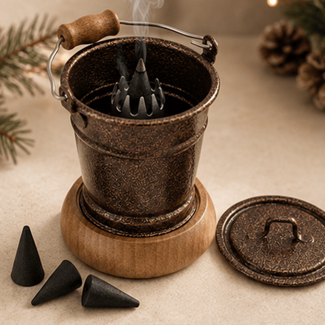HUSS Incense smoking bucket copper with a burning incense cone, removable lid, and loose incense cones displayed on a wooden table w.th Christmas decor.