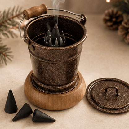 HUSS Incense smoking bucket copper with a burning incense cone, removable lid, and loose incense cones displayed on a wooden table w.th Christmas decor.