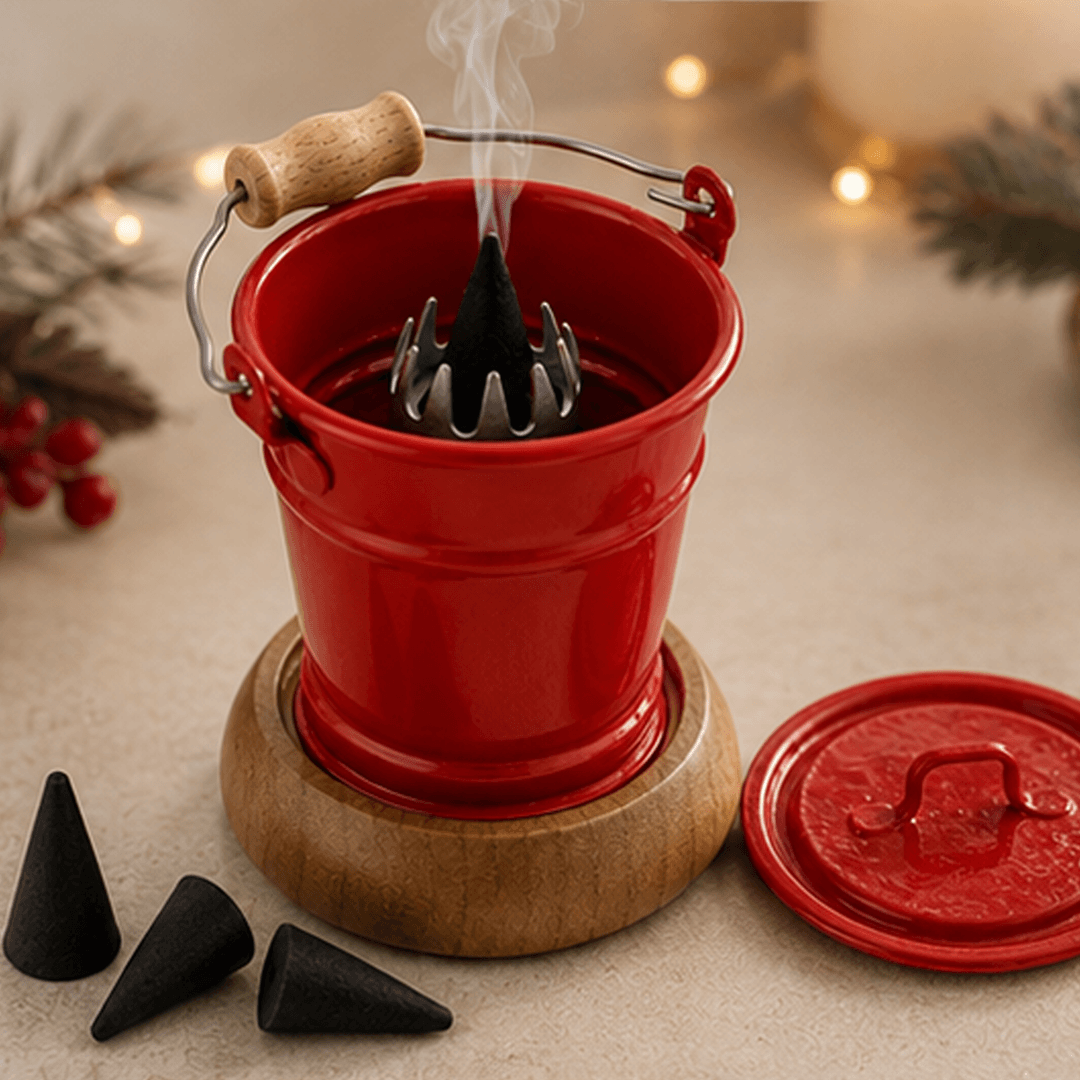 HUSS Incense smoking bucket red with a burning incense cone, removable lid, and loose incense cones on a wooden table with Christmas decor.