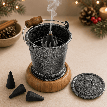 HUSS Incense smoking bucket silverwith a burning incense cone, removable lid, and loose incense cones displayed on a wooden table in a cozy Christmas scene.