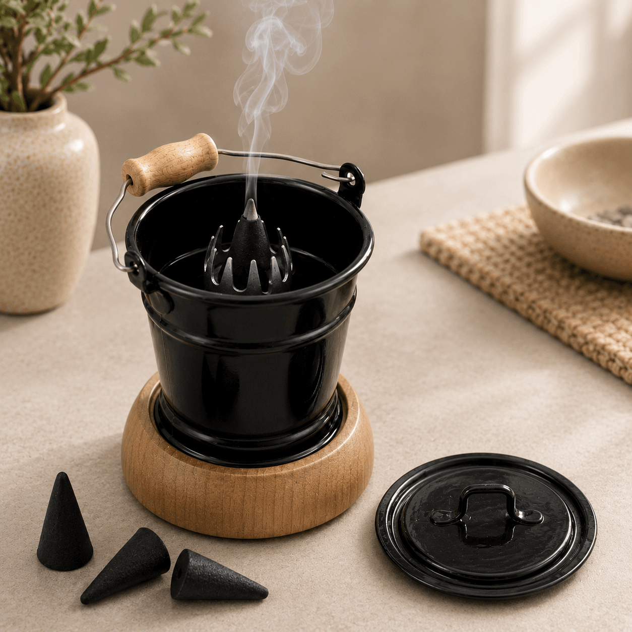 HUSS Incense smoking bucket black with a burning incense cone, removable lid, and loose incense cones displayed on a wooden table in a cozy scene.