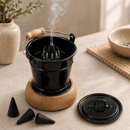 HUSS Incense smoking bucket black with a burning incense cone, removable lid, and loose incense cones displayed on a wooden table in a cozy scene.