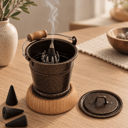 HUSS Incense smoking bucket copper with a burning incense cone, removable lid, and loose incense cones displayed on a wooden table.