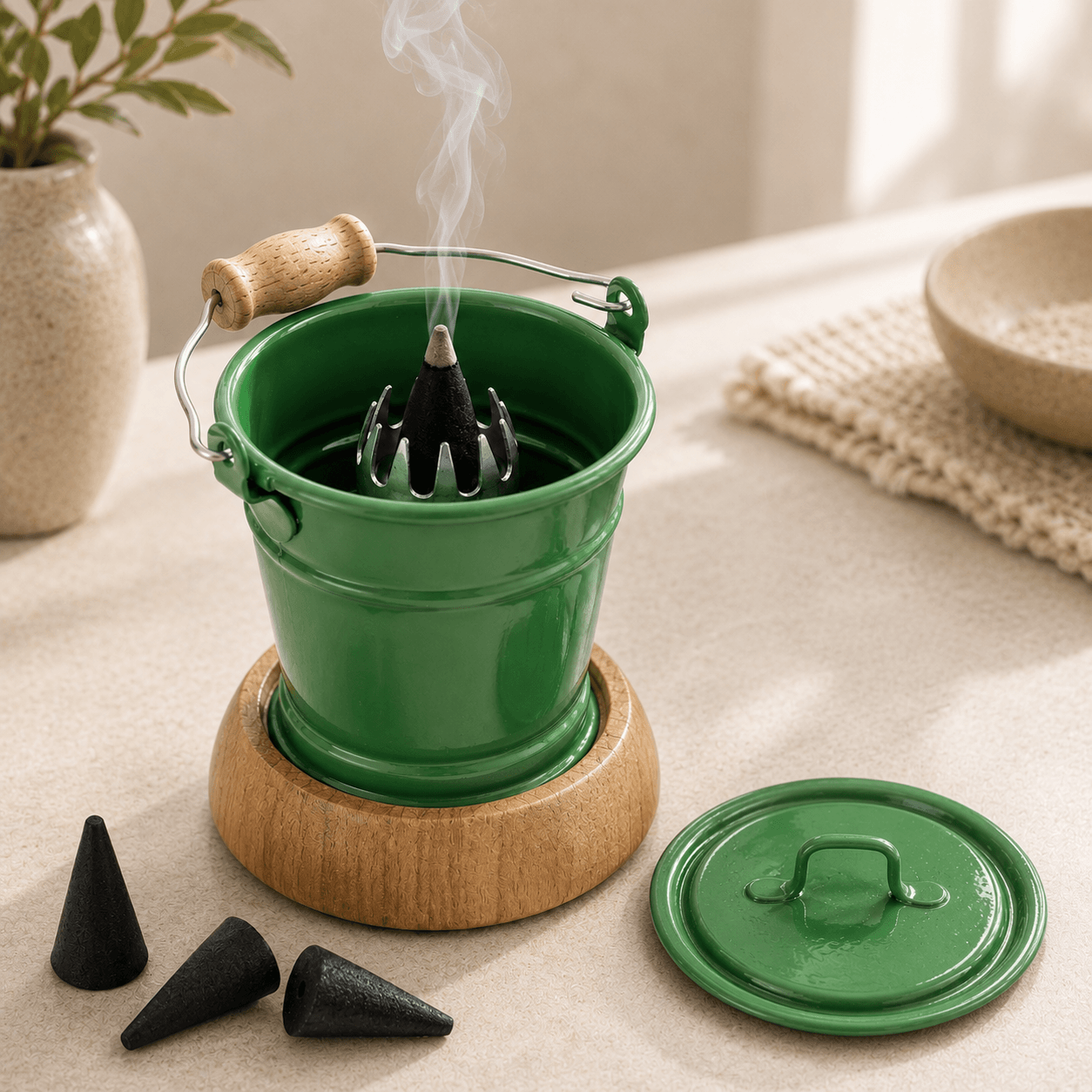 HUSS Incense smoking bucket green with a burning incense cone, removable lid, and loose incense cones displayed on a wooden table in a cozy scene.