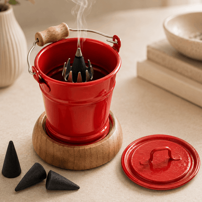 HUSS Incense smoking bucket red with a burning incense cone, removable lid, and loose incense cones displayed on a wooden table in a cozy scene.