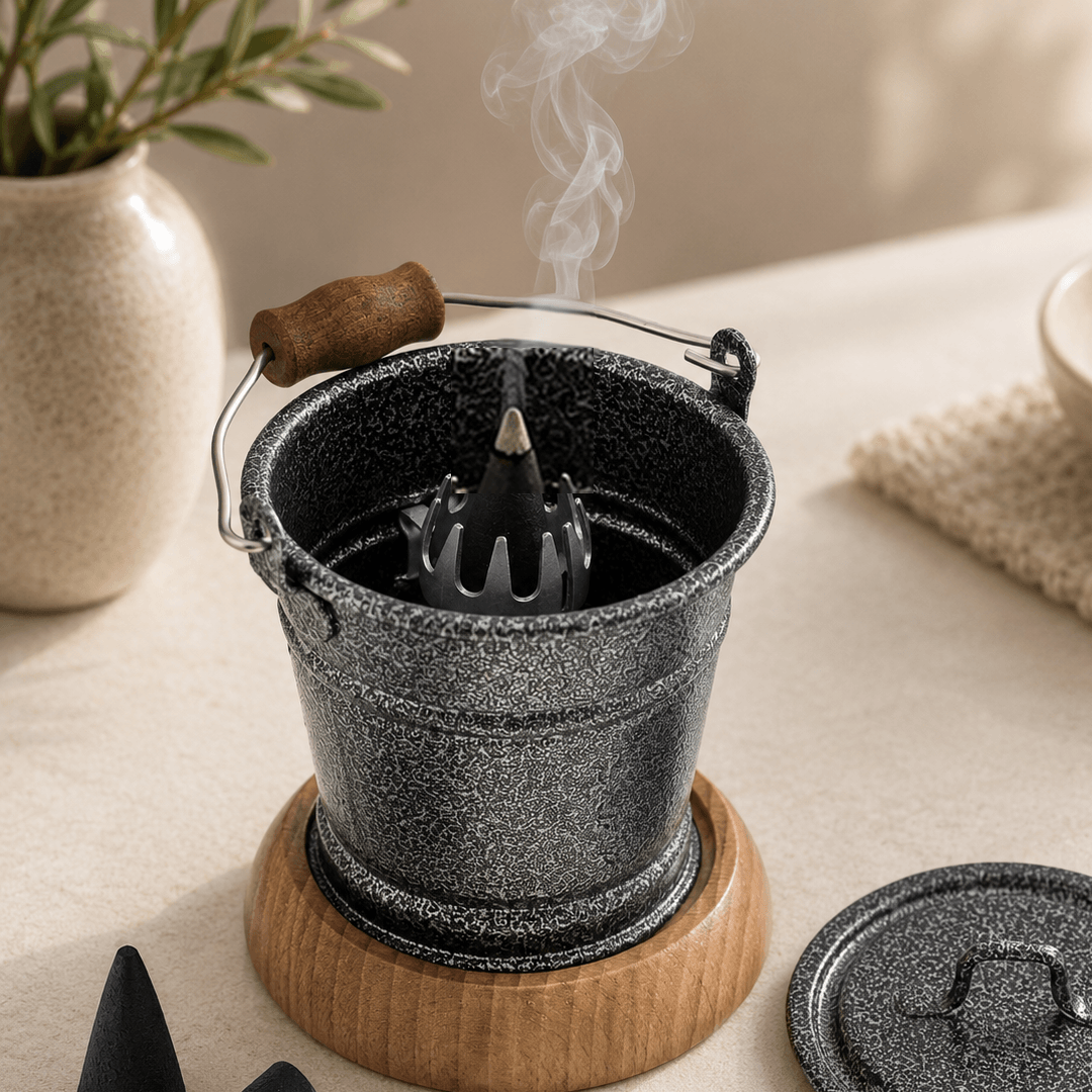 HUSS Incense smoking bucket copper with a burning incense cone, removable lid, and loose incense cones displayed on a wooden table in a cozy scene.