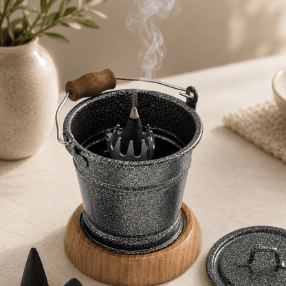 HUSS Incense smoking bucket copper with a burning incense cone, removable lid, and loose incense cones displayed on a wooden table in a cozy scene.