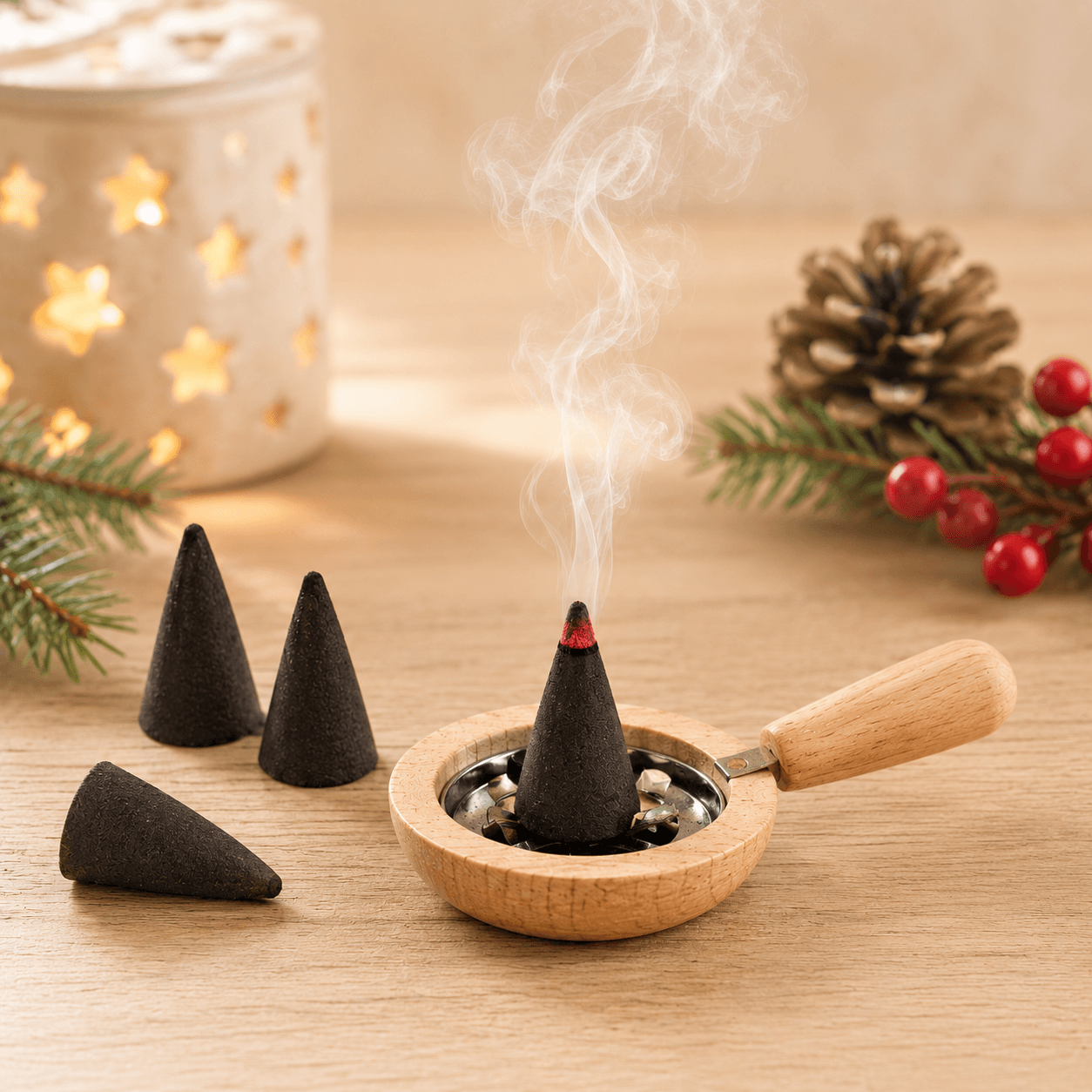 HUSS Incense smoking pan with smoking incense on a wooden table in a cozy Christmas setting.