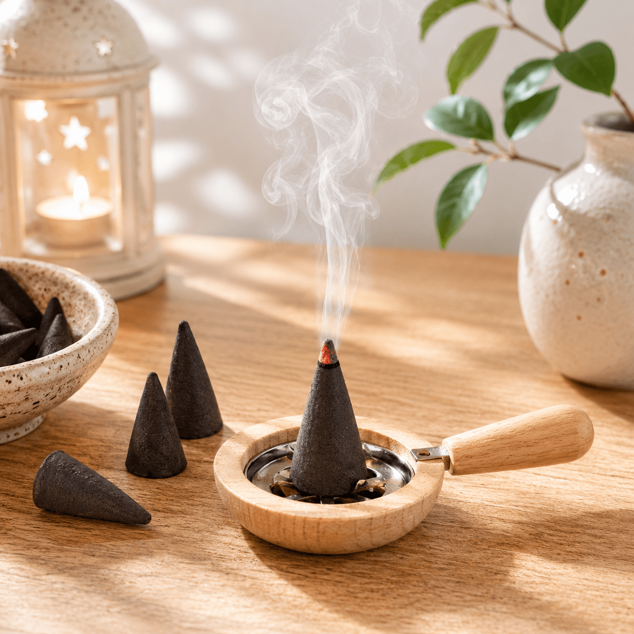 HUSS Incense smoking pan with smoking incense on a wooden table in a cozy setting.