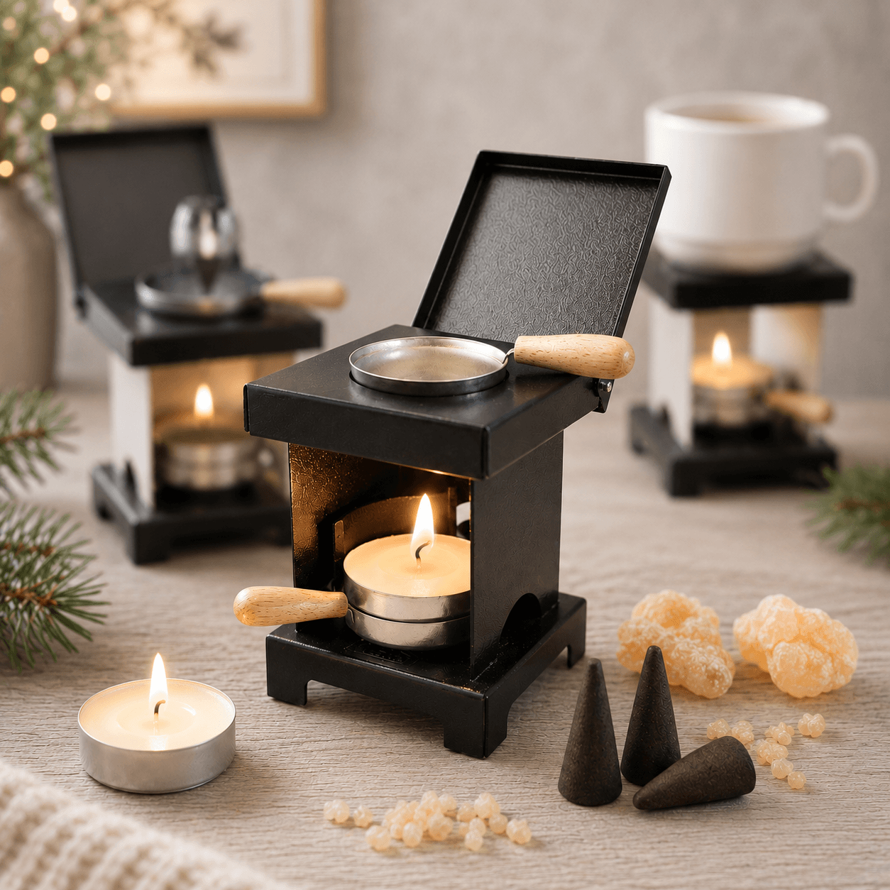 HUSS Incense stool stove black with a lit tealight, warming pan, incense cones, and natural resin displayed on a wooden table with more ovens in the background.
