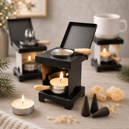 HUSS Incense stool stove black with a lit tealight, warming pan, incense cones, and natural resin displayed on a wooden table with more ovens in the background.