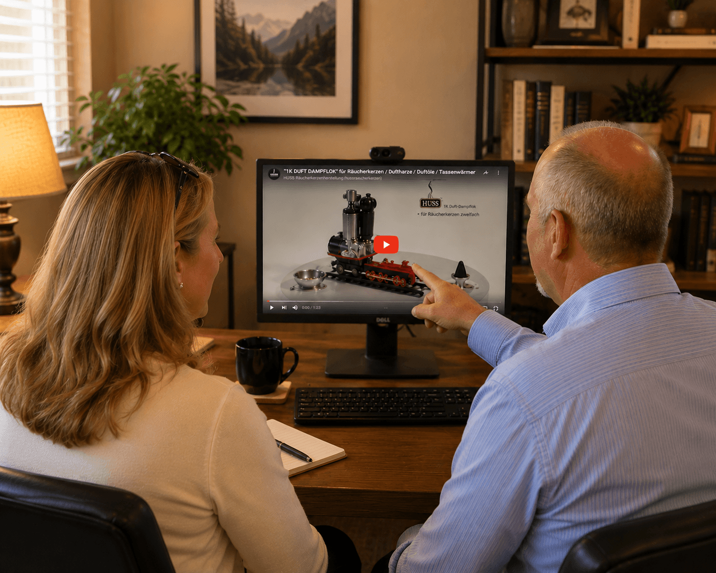 A man and a woman sit at a desk in a home office, looking at a computer monitor that displays the HUSS Incense train video.