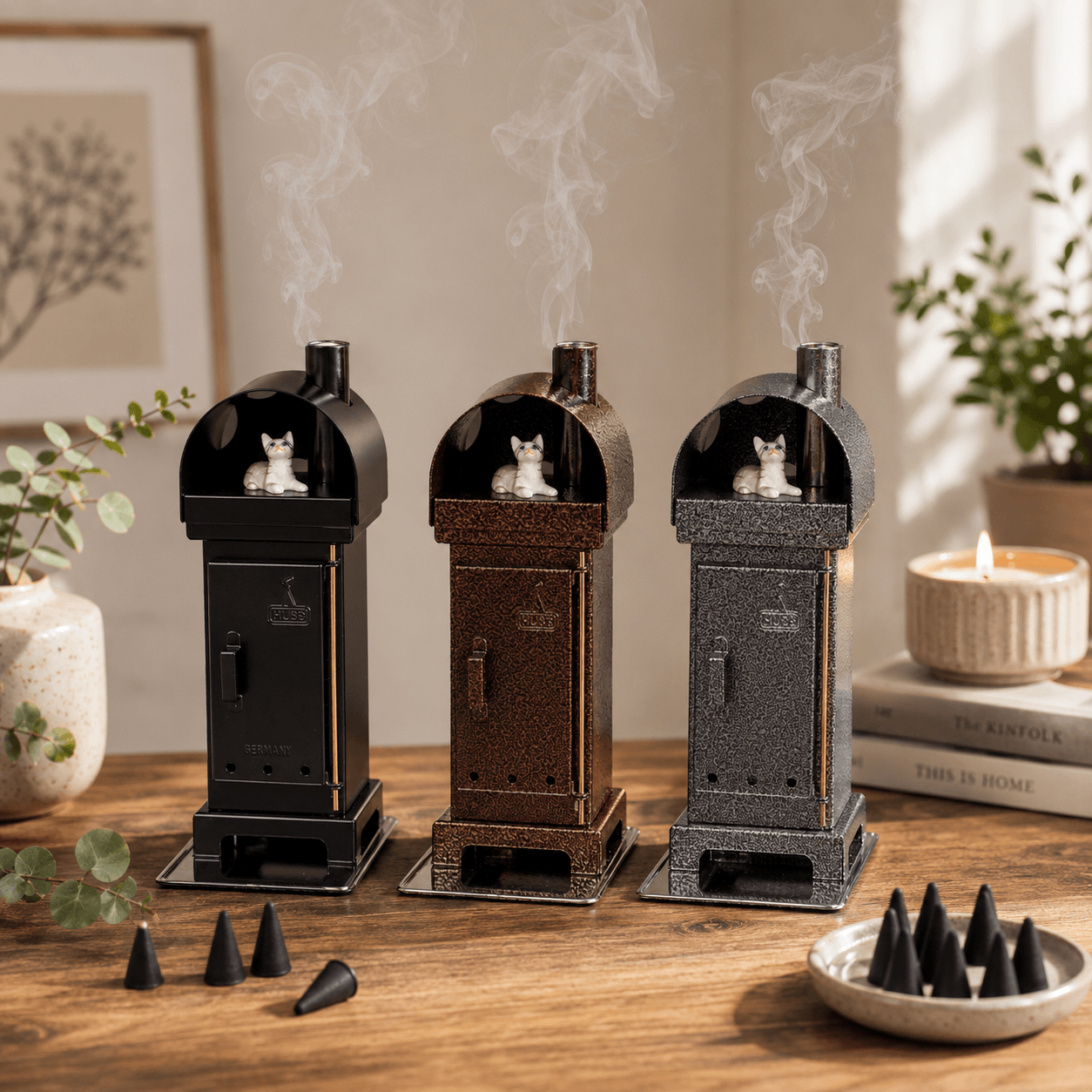 HUSS Incense burner with cat steaming out of the chimney in three colors on a table