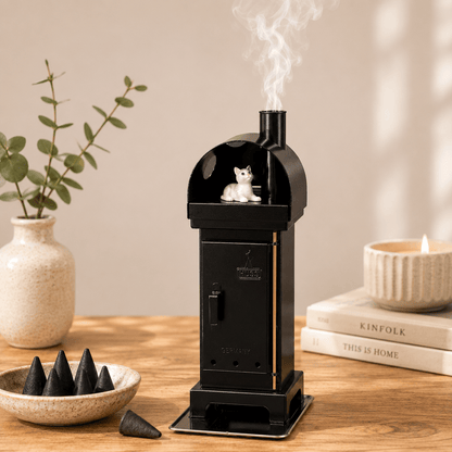 Copper HUSS Incense woodburner blackwith a cat steaming out of the chimney in a cozy setting.