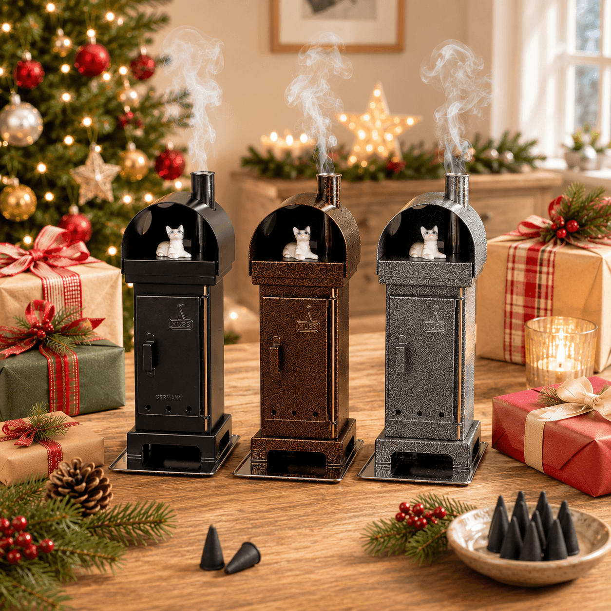 HUSS Incense burner with a cat steaming out of the chimney in three colors in a Christmas setting
