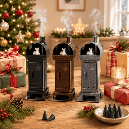 HUSS Incense burner with a cat steaming out of the chimney in three colors in a Christmas setting