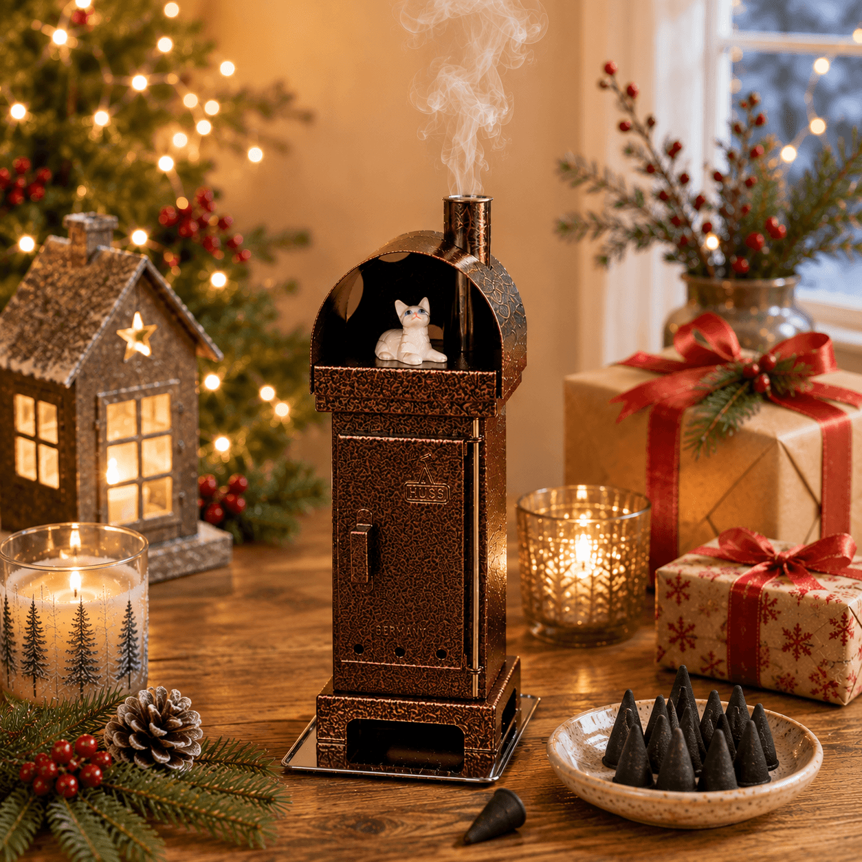 Copper HUSS Incense burner with a cat steaming out of the chimney
