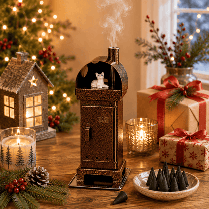 Copper HUSS Incense burner with a cat steaming out of the chimney