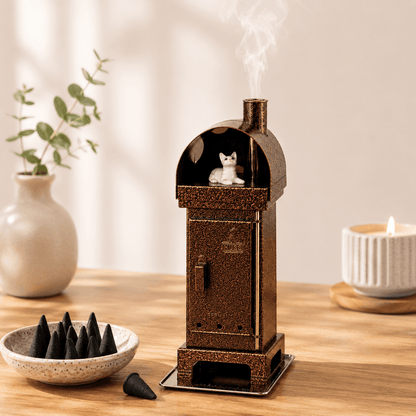 Copper HUSS Incense woodburner copper with a cat steaming out of the chimney in a cozy scene.