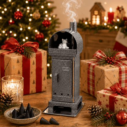 A small gray incense oven with a cat  on a wooden table in a cozy holiday setting, with a white cat visible inside the open top. Wrapped Christmas gifts, candles, pinecones, and a blurred Christmas tree create a warm festive background.