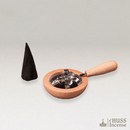 wooden incense holder with incense cone