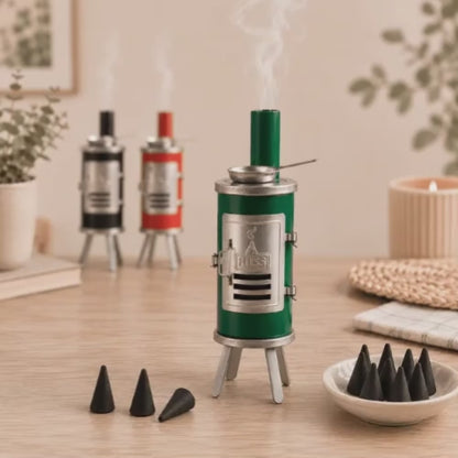 A video of HUSS Incense Glue ovens in three colors smoking in a cozy setting.