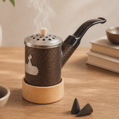 Video of a HUSS Incense pipe burner with smoke rising from the bowl, wooden base, and incense cones displayed on a wooden table.