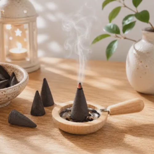 A video of a HUSS Incense cone smoking in a wooden an on a table cozy decorated.